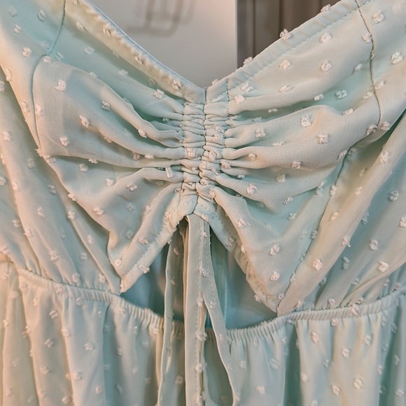 Off the shoulder mint green mini dress! Tie ruched bust. Worn once. - Picture 3 of 7